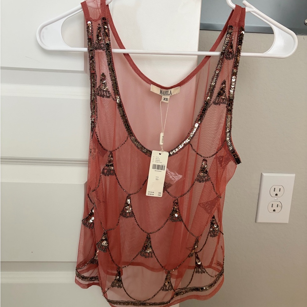 Anthropologie Rose Pink Embellished Sequin Mesh Tank